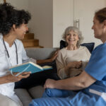 Visit of medical staff in uniform (nurse, doctor) to the patient at home