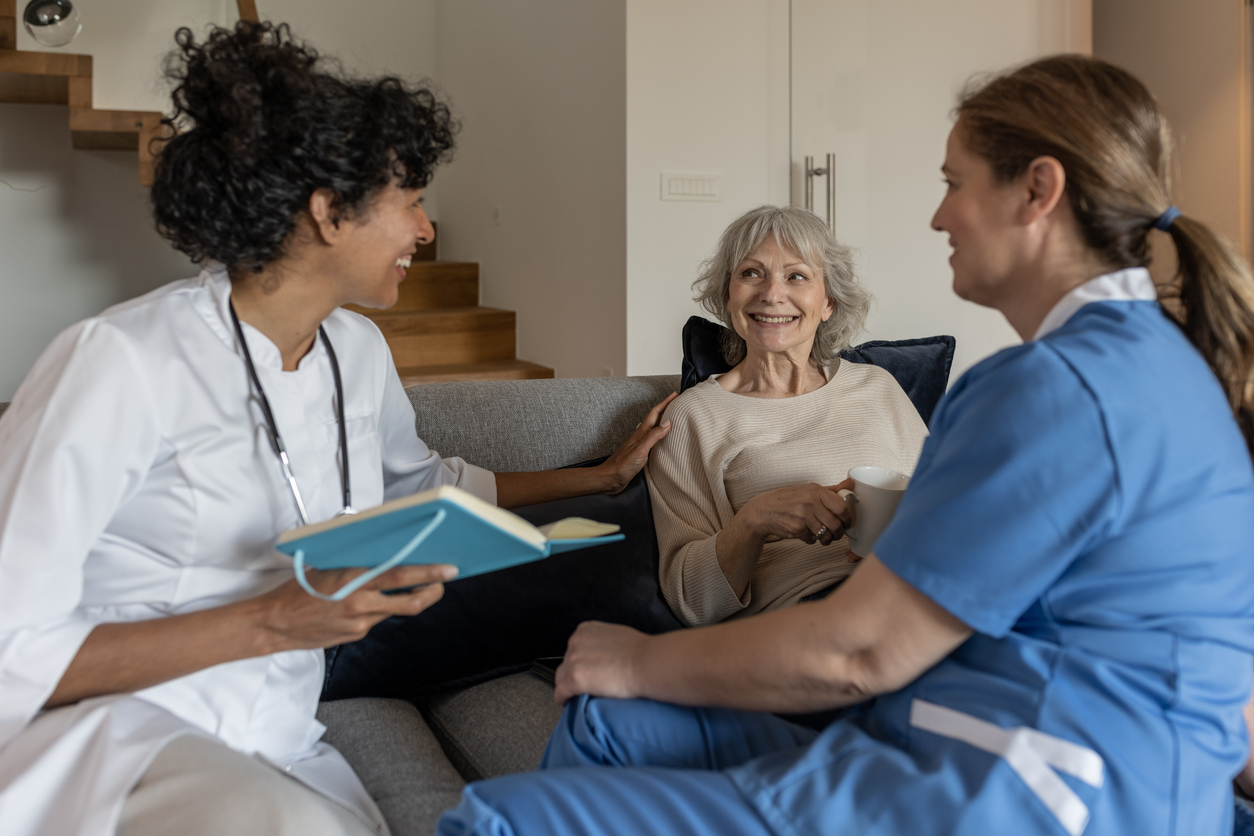 Visit of medical staff in uniform (nurse, doctor) to the patient at home