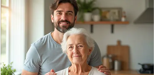 a man stands next to an elderly woman