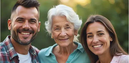 A young man and woman stand next to an elderly woman